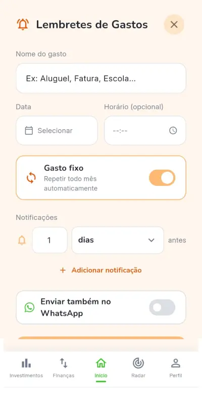 Interface de configuração de alertas e lembretes de gastos fixos