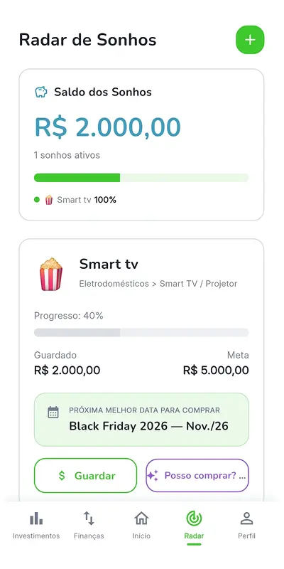 Tela do aplicativo mostrando o monitoramento de preço de um sonho