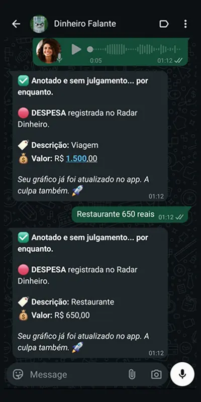 Interface mostrando o controle de gastos direto pelo WhatsApp